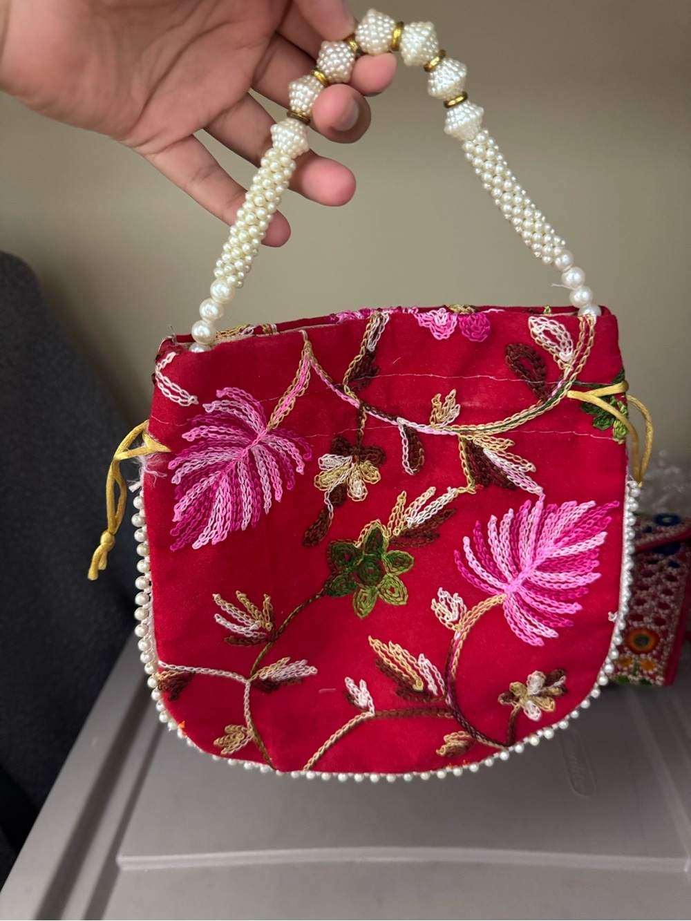 Ethnic Indian Wear Hot Pink Embroidered Pearl-Handle Clutch
